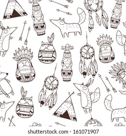 Set Of Vector Hand Drawn Indian Elements (funny Animals, Arrows, Dream-catchers, Totem)