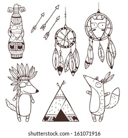 Set of vector hand drawn indian elements (funny animals, arrows, dream-catchers, totem)