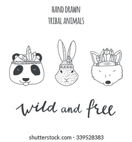 Set of vector hand drawn indian elements: animals - panda, rabbit, wolf, lettering sing wild and free.