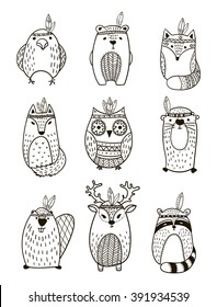 Set of vector hand drawn indian totem animal. 