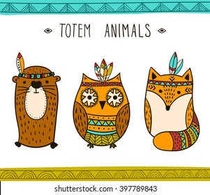 Set of vector hand drawn indian totem animal. 