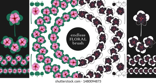 Set of vector hand drawn isolated elements. Flower round frame for festive design greeting cards, poster, wedding invitations. Endless floral brush.