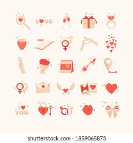 Set of vector hand drawn isolated icons for valentine's day. Love and relationship concept, 14th of February. Gift, heart, calendar, hands, champagne, bouquet of flowers. Red and beige colors, EPS 10
