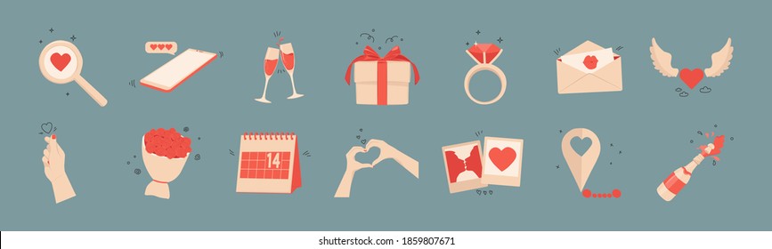 Set of vector hand drawn isolated icons for valentine's day. Love and relationship concept, red and beige colors. Gift, calendar, hands, champagne, bouquet of flowers, February 14