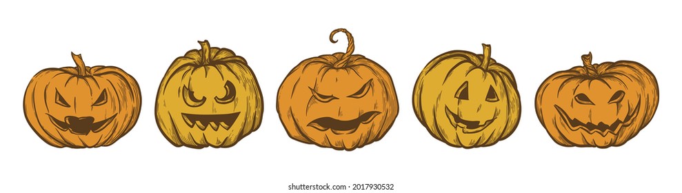 Set of vector hand drawn Jack 'O' Lantern icons. Various Halloween pumpkins isolated on white background.