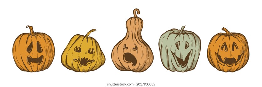 Set of vector hand drawn Jack 'O' Lantern icons. Various Halloween pumpkins isolated on white background. 