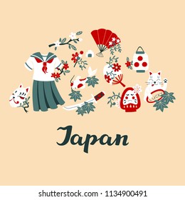 Set of Vector Hand Drawn Japan Travel Icons and Lettering Welcome to Japan.