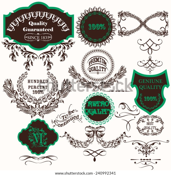 Set of\
vector hand drawn labels in vintage\
style