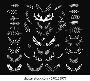 Set of vector hand drawn laurels, wreath, branches. Nature, floral doodle collection. Decoration elements for design invitation, wedding cards, valentines day, greeting cards