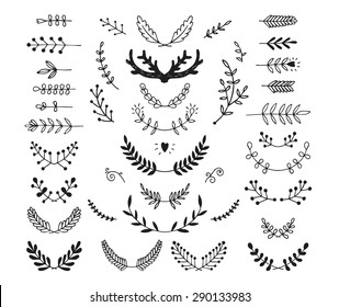 Set of vector hand drawn laurels, wreath, branches. Nature, floral doodle collection. Decoration elements for design invitation, wedding cards, valentines day, greeting cards