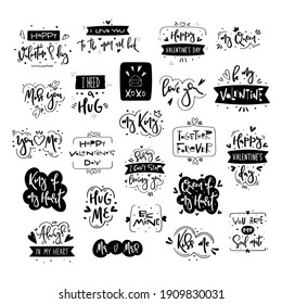 Set of vector hand drawn lettering for St Valentines day holiday of february 14th - Romantic phrases collection, declaration of love, black and white isolated