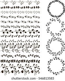 Set of vector hand drawn line borders and wreaths, set of hand drawn vector brushes