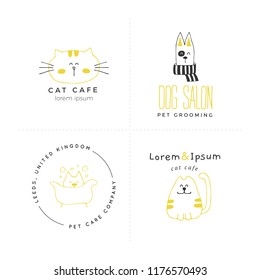 Set of vector hand drawn logo templates, domestic animals. Elements for pets related business. Illustration for pet shop or cafe, hotel or a dog walker, veterinary clinic. Isolated symbols.