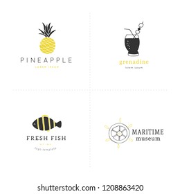 Set of vector hand drawn logo templates. Beach and sea theme. Elements for marine badges, labels, logotypes and branding business identity.
