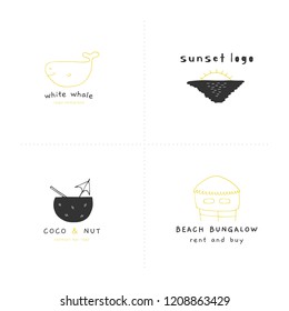 Set of vector hand drawn logo templates. Beach and sea theme. Elements for marine badges, labels, logotypes and branding business identity.