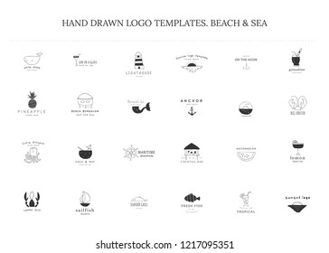 Set of vector hand drawn logo templates. Beach and sea theme. Elements for marine badges, labels, logotypes and branding business identity.