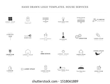 Set of vector hand drawn logo templates. Housekeeping and home repairs. For household stores, servicemen and cleaning companies, for business identity and branding.
