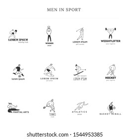 Set of vector hand drawn logo templates. Men in different sports. Active way of life. For sports schools and courses. For sport websites and mobile applications.