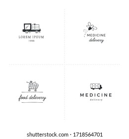Set of vector hand drawn logo templates. Fast delivery, express mail elements. For business identity and branding. For courier services, shops, cafes and restaurants.