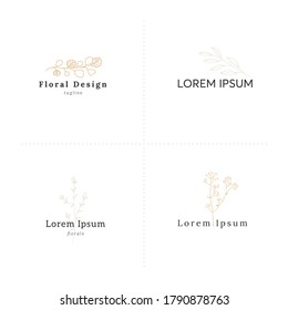 Set of vector hand drawn logo templates. Florals. For branding and business identity. Designs with flowers and leaves. Simple elegant illustrations.