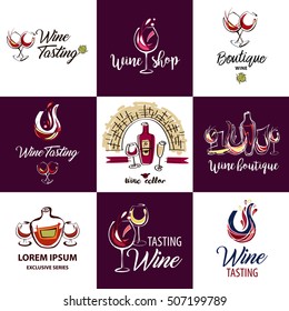 Set of vector hand drawn logo for boutique with wine glass and bottle. Alcohol tasting. Element of design template for menu of restaurant, bar, cafe. Wine cellar.