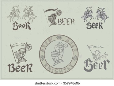 Set of vector hand drawn logos for Beer in a retro style - knights and gothic calligraphy 