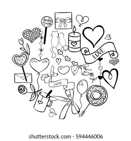 Set of vector hand drawn LOVE elements isolated on white background.