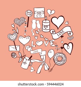 Set of vector hand drawn LOVE elements isolated on pink background.