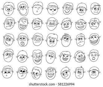Set of vector hand drawn male or boy faces with different facial expression