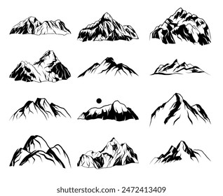 Set of vector hand drawn mountain illustrations, line art drawing