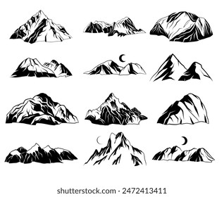 Set of vector hand drawn mountain illustrations, line art drawing