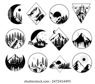 Conjunto de Vector dibujado a mano montañas e ilustraciones forestales, diseño geométrico, dibujo de arte lineal estampados de aventuras, etiquetas de pasión por los viajes con montañas y árboles