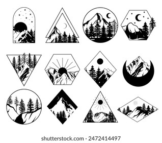 Conjunto de Vector dibujado a mano montañas e ilustraciones forestales, diseño geométrico, dibujo de arte lineal estampados de aventuras, etiquetas de pasión por los viajes con montañas y árboles