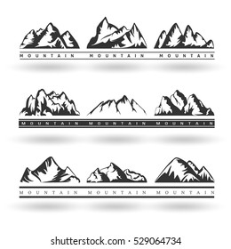 Set of vector hand drawn Mountains silhouette icons, logo design elements. Travel emblem isolated on white background. Tourism, Camping, Climbing, hiking badges labels,  Ride, Snowboarding symbols. 
