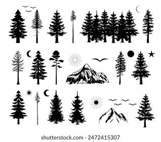 Set of vector hand drawn nature, mountains and forest illustrations, line art drawing
