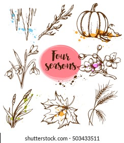 Set of vector hand drawn nature design elements in vintage style. Seasonal specifics.