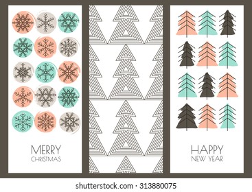 Set of vector hand drawn New Year and Christmas greeting cards. Linear snowflakes, fir tree and watercolor blots background. Trendy design template for holiday, flyer, label, tag, invitation, banner.