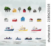 Set vector hand drawn norwegian houses, trees, boats and ships. Spring collection. Cute collection of design elements, isolated on gray background