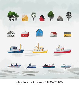 Set vector hand drawn norwegian houses, trees, boats and ships. Spring collection. Cute collection of design elements, isolated on gray background