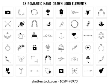 Set of vector hand drawn objects. Romantic and wedding clipart, feminine logo elements. For business branding and identity, greeting cards, overlays. Black on white isolated symbols.