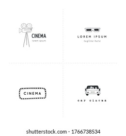 Set of vector hand drawn objects. Cinema logo templates. For branding and business identity. For movie houses, shops and cafe, for car cinema.