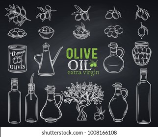 Set vector hand drawn olives, tree branches, glass bottle, jug , metal dispenser and olive oil. Illustration outline in chalkboard sketch style,white on black.