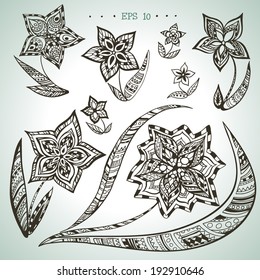 Set of vector hand drawn ornamental flowers. Elements for your design