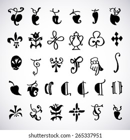 Set of vector hand drawn ornaments for dividing paragraphs in books, a fleuron. Retro typographic floral elements