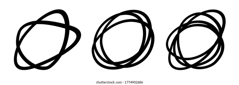 Set of vector hand drawn oval circles using sketch drawing scribble lines. Doodle circular frame logo design elements. Vector sketch ellipse round pencil illustration.