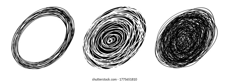 Set of vector hand drawn oval circles using sketch drawing scribble lines. Doodle circular frame logo design elements. Vector sketch ellipse round pencil illustration.