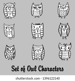 set Vector hand drawn Owl sitting on branch. Black and white illustration for coloring book, tattoo, poster, print, t-shirt, cartoon doodle