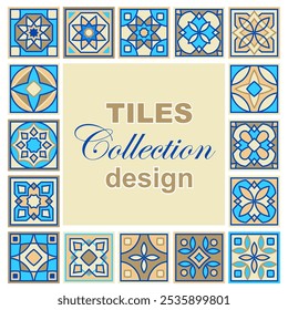 Conjunto de padrão desenhado à mão vetorial de azulejo cerâmico quadrado. Projeto de padrão de patchwork ornamentado. Pavimentos mediterrânicos típicos e azulejos de parede em diferentes padrões de cor azul, marrom amarelo e branco