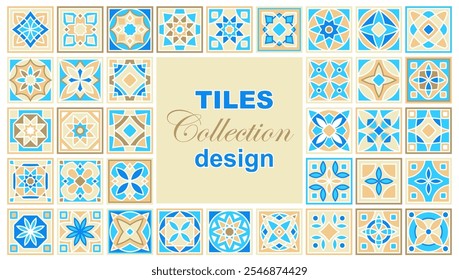 Conjunto de padrão desenhado à mão vetorial de azulejo cerâmico quadrado. Projeto de padrão de patchwork ornamentado. Pavimentos mediterrânicos típicos e azulejos de parede em diferentes padrões de cor azul, marrom amarelo e branco
