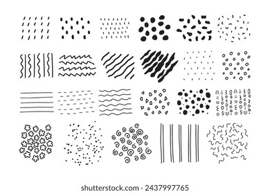 Set of vector hand drawn patterns set isolated on white background. Geometric abstract doodle skratch shapes of dots, circles, strokes, stripes, lines for social media, posters, prints.